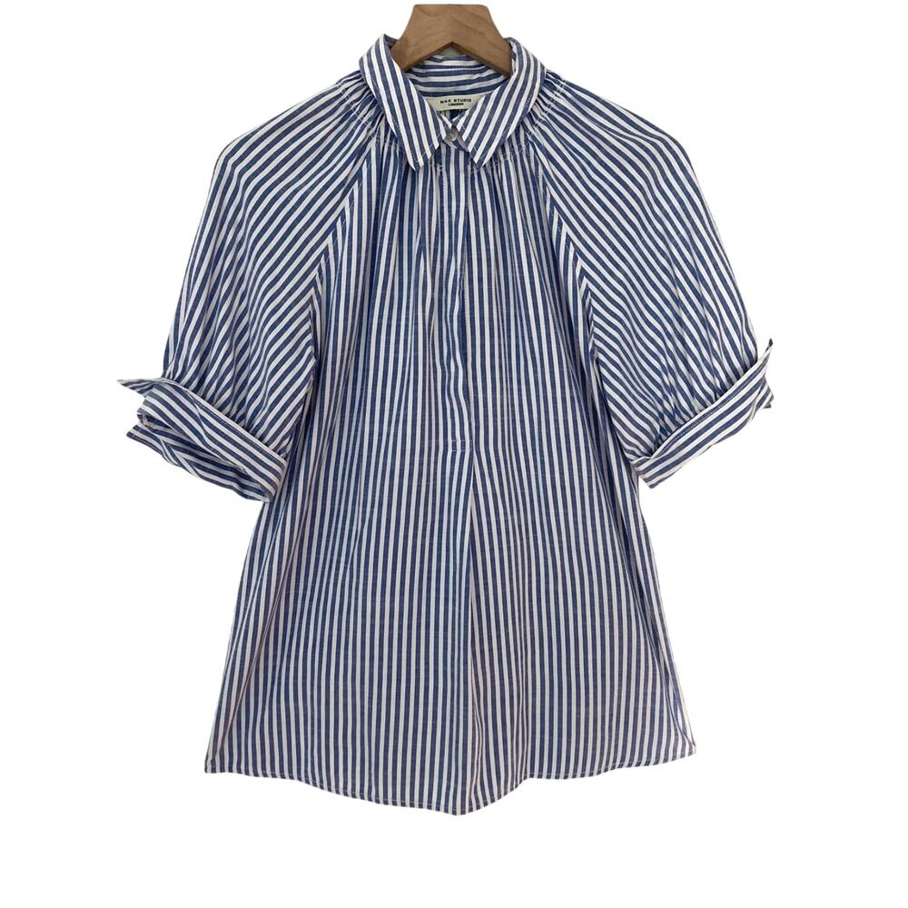 Max Studio Coastal Grandma Romantic Coquette Beach Blue White Stripe Blouse Top